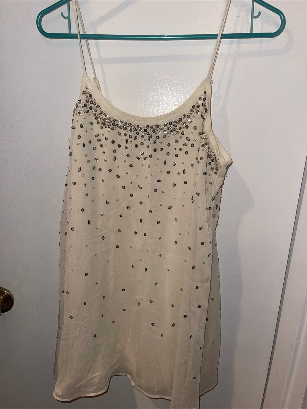 Beaded Cream Spaghetti-Strap Long Top